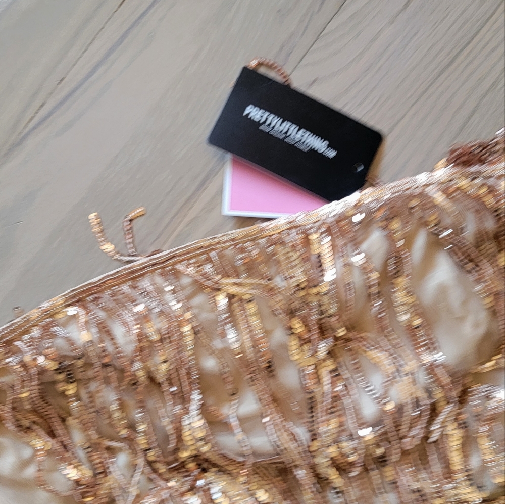 Gold fringe strapless dress sequins pretty little thing size large 12 - Picture 3 of 5